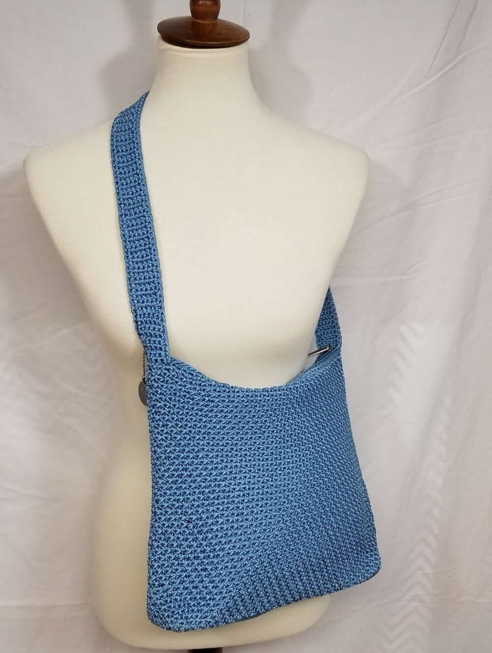 Vintage The Sak Dusty Blue Crochet Shoulder Bag - Blue Nylon Lined Purse
